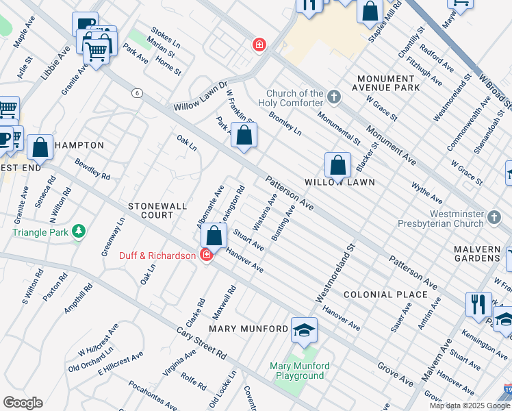 map of restaurants, bars, coffee shops, grocery stores, and more near 4712 Kensington Avenue in Richmond