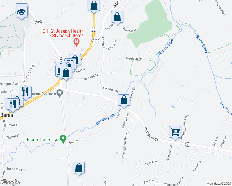 map of restaurants, bars, coffee shops, grocery stores, and more near 106 Dinsmore Street in Berea