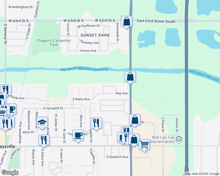 map of restaurants, bars, coffee shops, grocery stores, and more near 1400 East Kay Avenue in Haysville