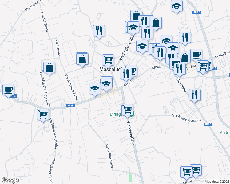 map of restaurants, bars, coffee shops, grocery stores, and more near 219 Via Roma in Mascalucia