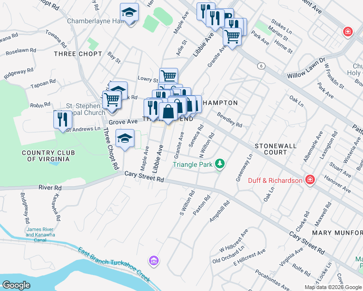 map of restaurants, bars, coffee shops, grocery stores, and more near 5502 Matoaka Road in Richmond