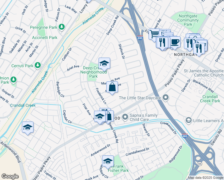 map of restaurants, bars, coffee shops, grocery stores, and more near 4634 Amiens Avenue in Fremont