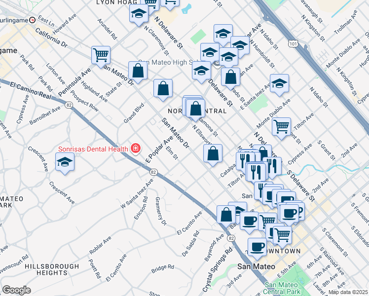 map of restaurants, bars, coffee shops, grocery stores, and more near 313 Elm Street in San Mateo