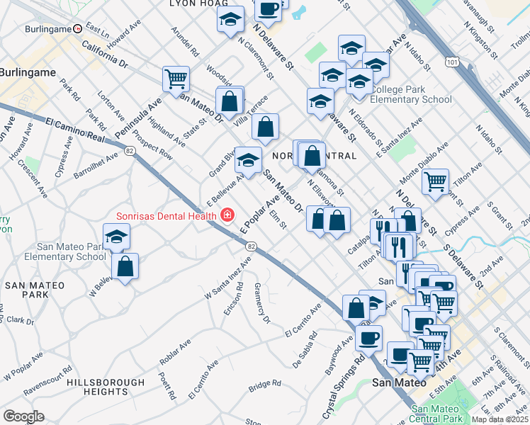 map of restaurants, bars, coffee shops, grocery stores, and more near 58 East Poplar Avenue in San Mateo