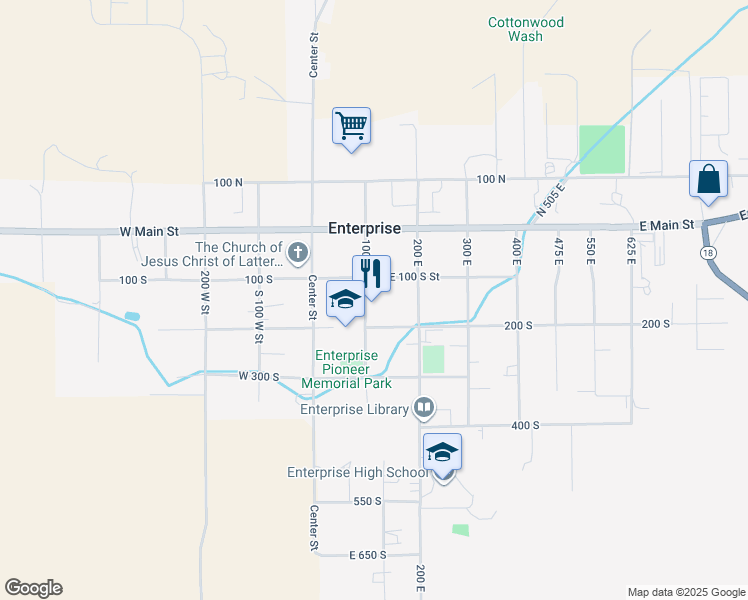 map of restaurants, bars, coffee shops, grocery stores, and more near 149 South 100 East Street in Enterprise