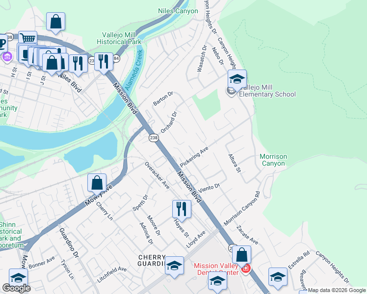 map of restaurants, bars, coffee shops, grocery stores, and more near 38625 Oliver Way in Fremont