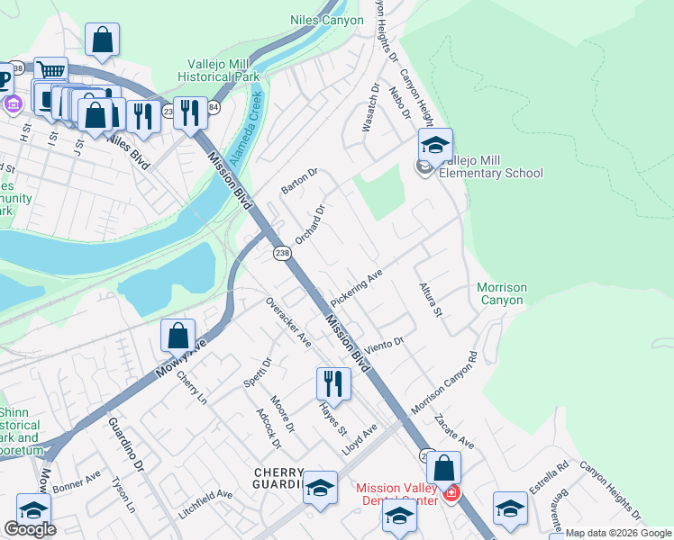 map of restaurants, bars, coffee shops, grocery stores, and more near 38683 Dow Court in Fremont