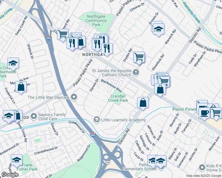 map of restaurants, bars, coffee shops, grocery stores, and more near 34680 Greenstone Common in Fremont