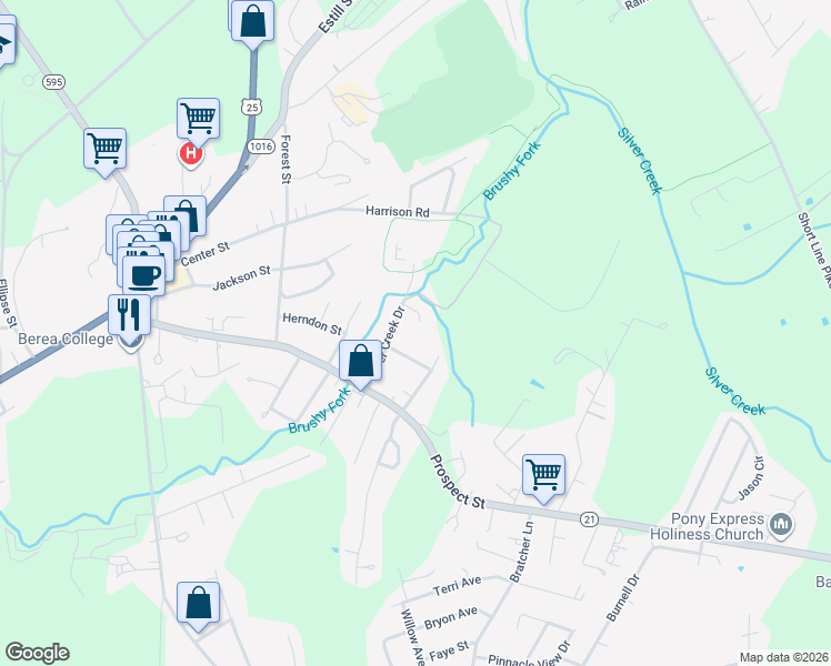 map of restaurants, bars, coffee shops, grocery stores, and more near 54 Crawford Street in Berea