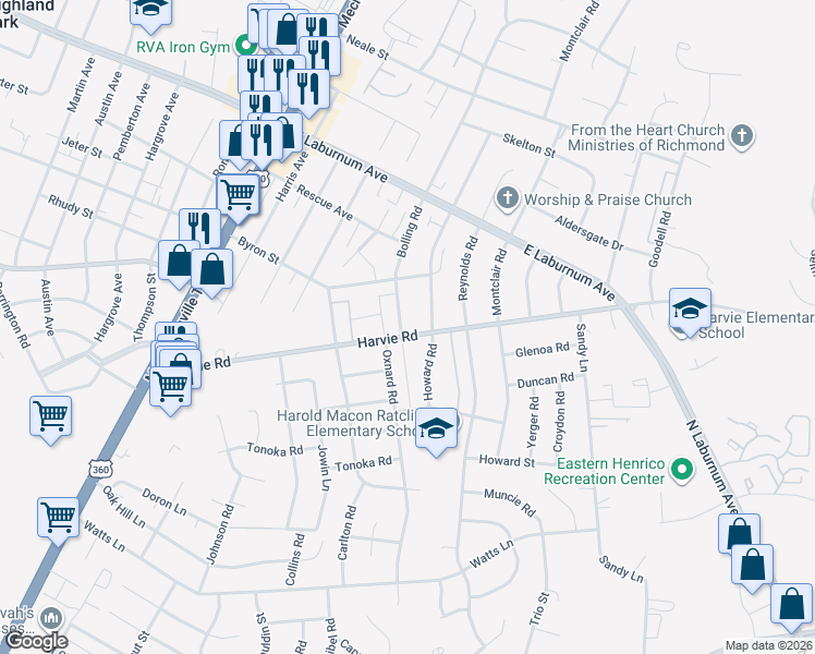 map of restaurants, bars, coffee shops, grocery stores, and more near 3452 Howard Road in Richmond