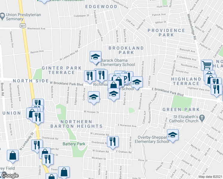 map of restaurants, bars, coffee shops, grocery stores, and more near 2925 Garland Avenue in Richmond