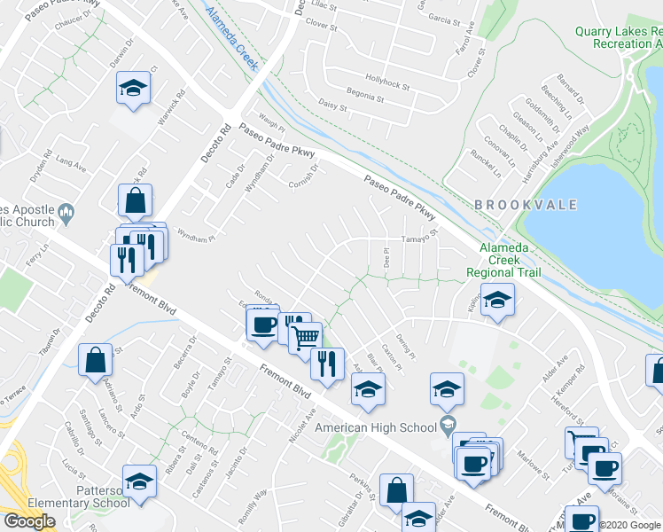 map of restaurants, bars, coffee shops, grocery stores, and more near 35597 Galen Place in Fremont