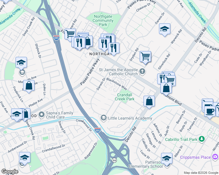 map of restaurants, bars, coffee shops, grocery stores, and more near 34589 Shenandoah Place in Fremont