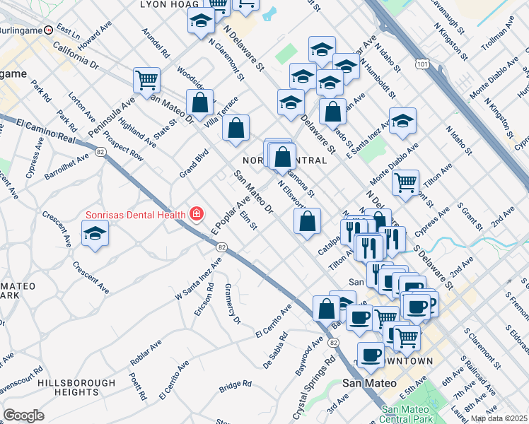 map of restaurants, bars, coffee shops, grocery stores, and more near 313 Elm Street in San Mateo