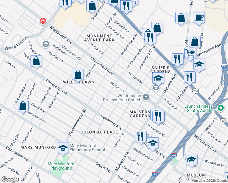 map of restaurants, bars, coffee shops, grocery stores, and more near 4412 West Franklin Street in Richmond