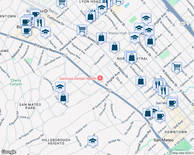 map of restaurants, bars, coffee shops, grocery stores, and more near 455 Wisnom Avenue in San Mateo
