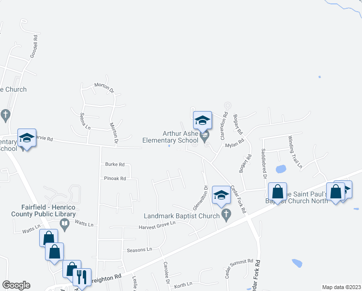 map of restaurants, bars, coffee shops, grocery stores, and more near 3901 Meadowview Lane in Richmond