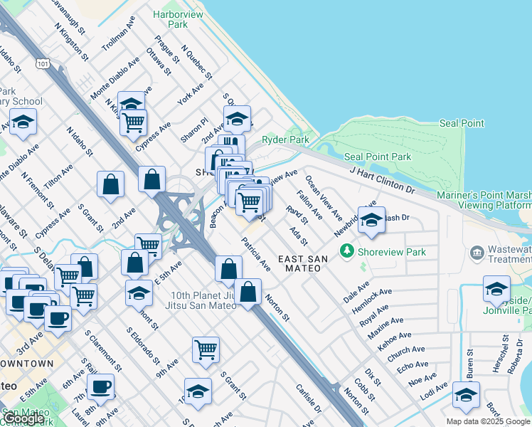 map of restaurants, bars, coffee shops, grocery stores, and more near 525 South Norfolk Street in San Mateo