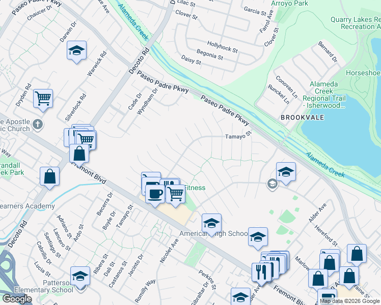 map of restaurants, bars, coffee shops, grocery stores, and more near 35597 Galen Place in Fremont