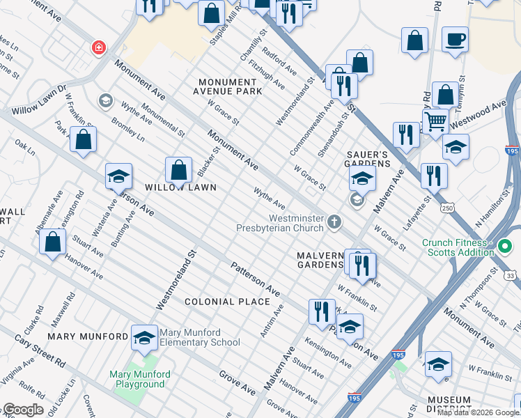map of restaurants, bars, coffee shops, grocery stores, and more near 4412 West Franklin Street in Richmond