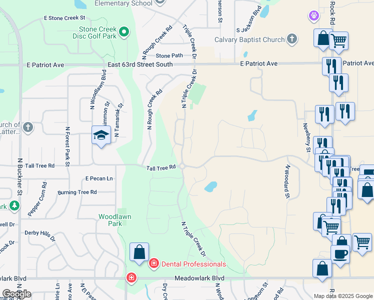 map of restaurants, bars, coffee shops, grocery stores, and more near 2612 N Triple Creek Dr in Derby