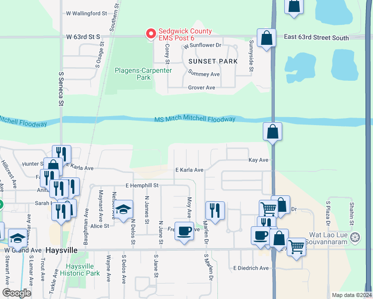 map of restaurants, bars, coffee shops, grocery stores, and more near 1048 East Karla Court in Haysville