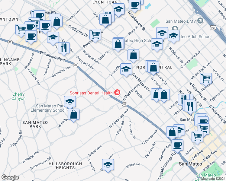 map of restaurants, bars, coffee shops, grocery stores, and more near 455 Wisnom Avenue in San Mateo