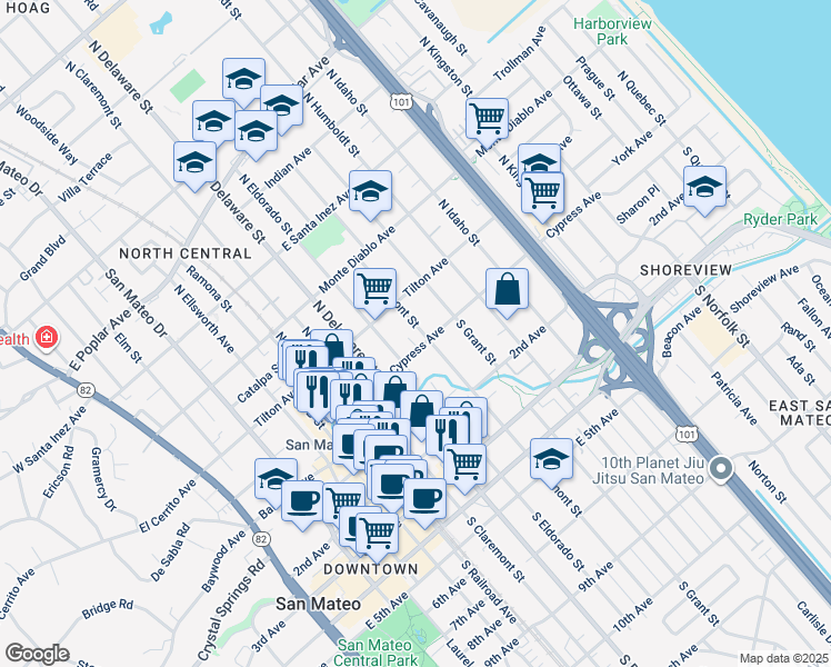 map of restaurants, bars, coffee shops, grocery stores, and more near 11 North Fremont Street in San Mateo