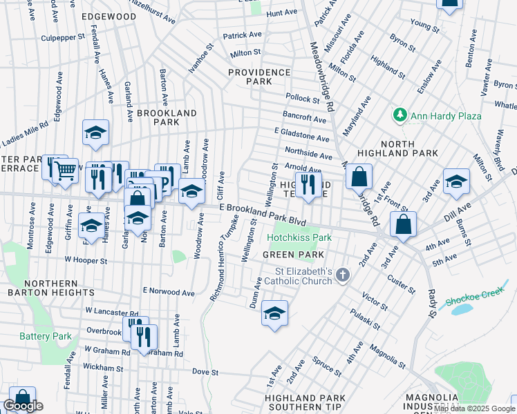 map of restaurants, bars, coffee shops, grocery stores, and more near 518 East Brookland Park Boulevard in Richmond