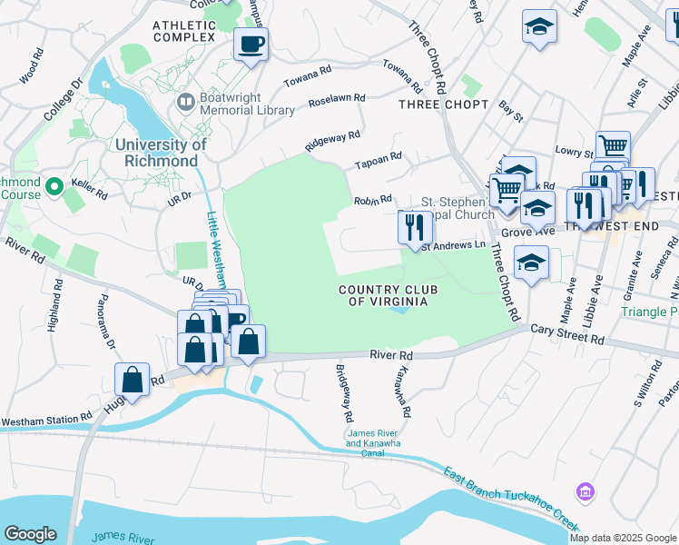 map of restaurants, bars, coffee shops, grocery stores, and more near 6124 Saint Andrews Lane in Richmond