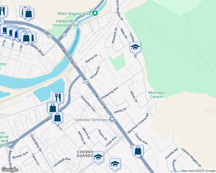 map of restaurants, bars, coffee shops, grocery stores, and more near 190 Pickering Avenue in Fremont