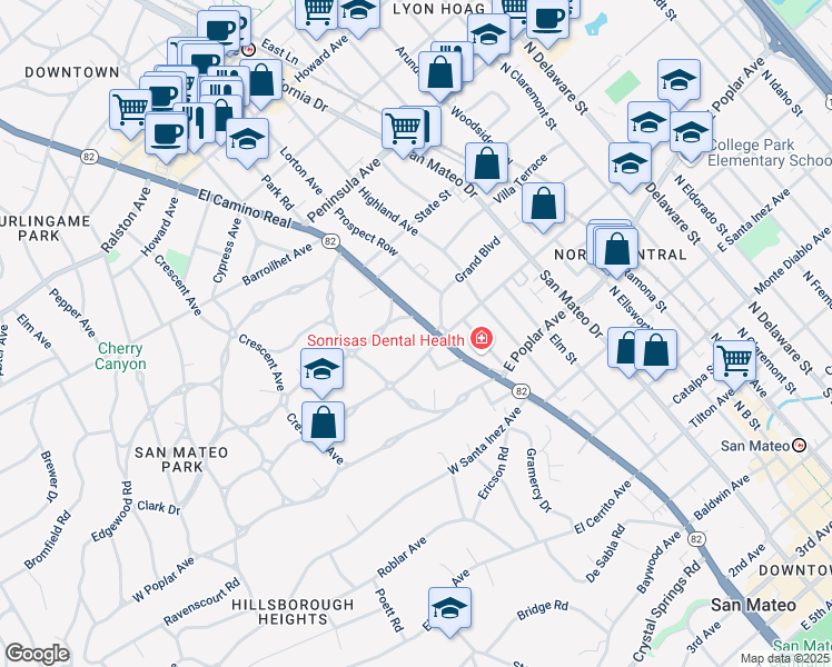 map of restaurants, bars, coffee shops, grocery stores, and more near 515 El Camino Real in San Mateo