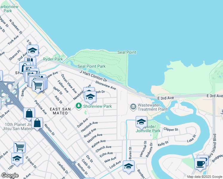 map of restaurants, bars, coffee shops, grocery stores, and more near 1976 Shoreview Avenue in San Mateo