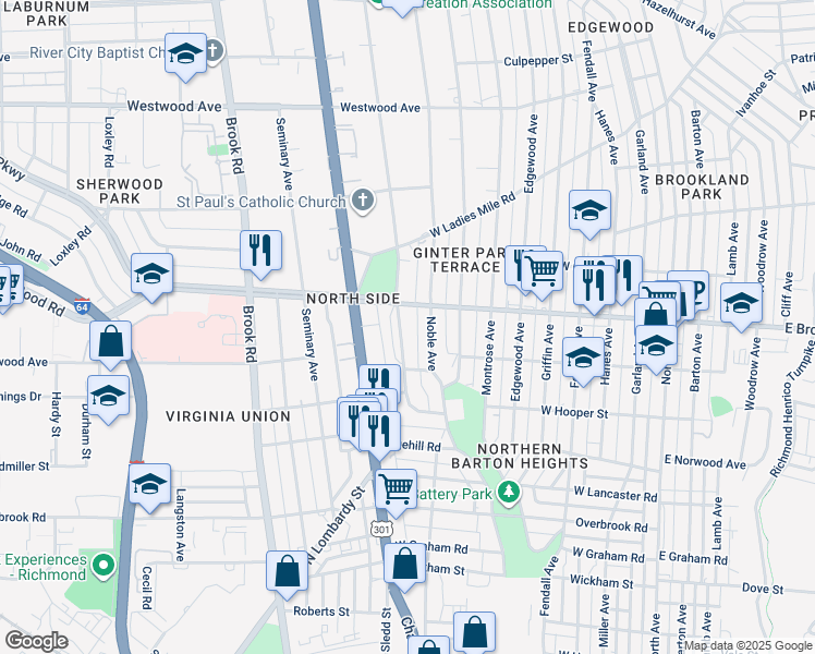 map of restaurants, bars, coffee shops, grocery stores, and more near 2921 Hawthorne Avenue in Richmond