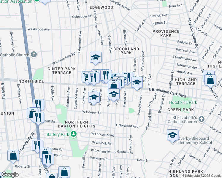 map of restaurants, bars, coffee shops, grocery stores, and more near 2929 Garland Avenue in Richmond