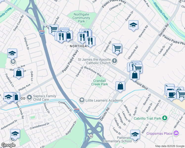 map of restaurants, bars, coffee shops, grocery stores, and more near 4124 Jamaica Terrace in Fremont