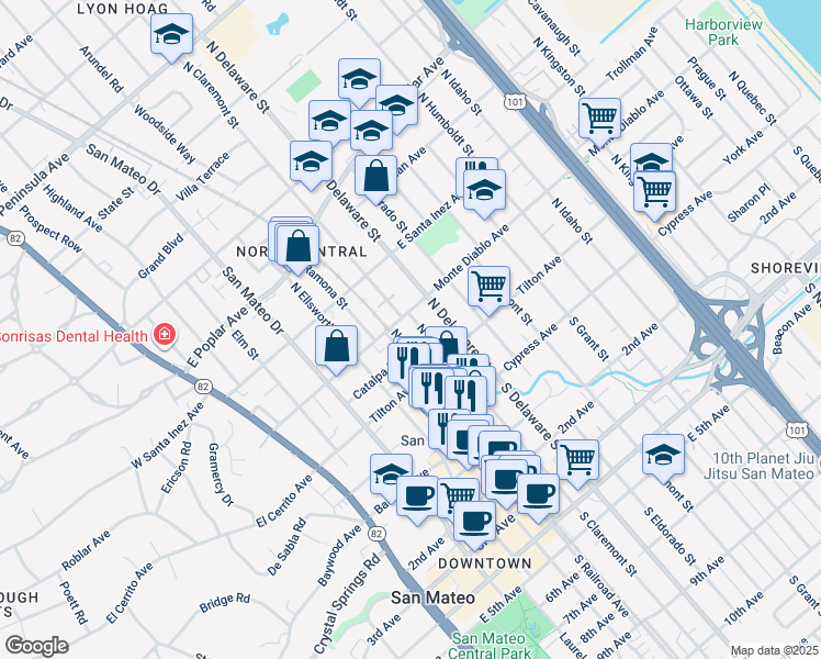 map of restaurants, bars, coffee shops, grocery stores, and more near 509 Monte Diablo Avenue in San Mateo