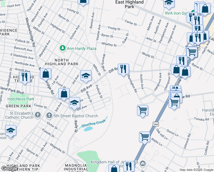map of restaurants, bars, coffee shops, grocery stores, and more near 3369 Dill Avenue in Richmond