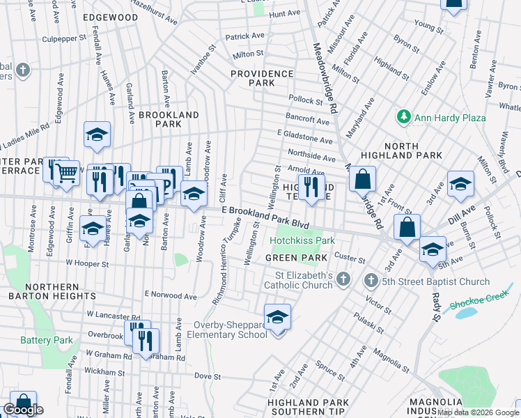 map of restaurants, bars, coffee shops, grocery stores, and more near 524 Montvale Avenue in Richmond