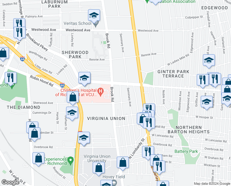 map of restaurants, bars, coffee shops, grocery stores, and more near 2939 Brook Road in Richmond