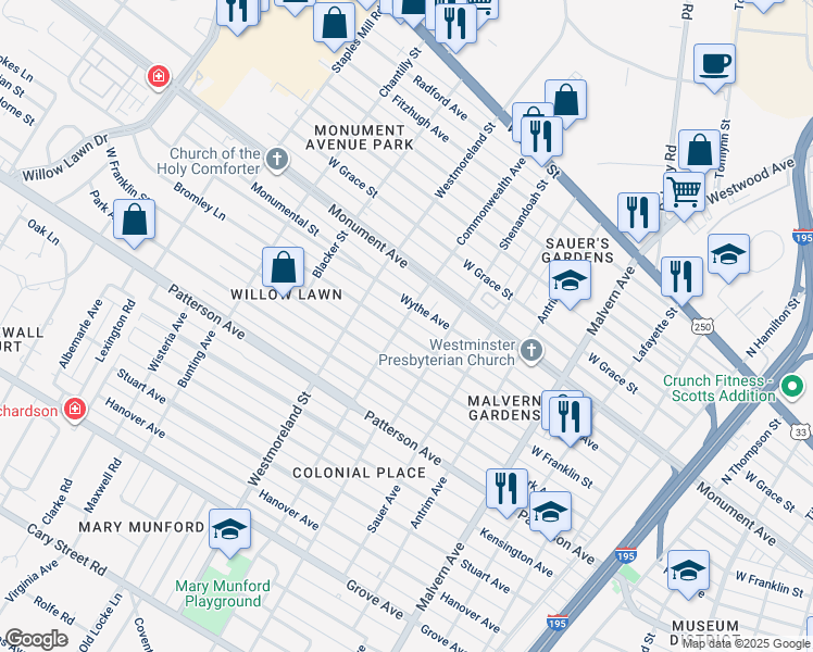 map of restaurants, bars, coffee shops, grocery stores, and more near 4505 Wythe Avenue in Richmond