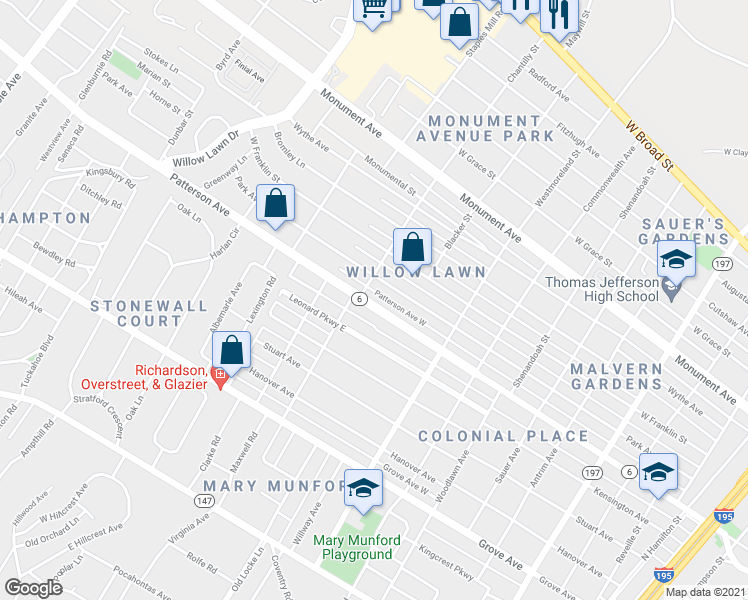 map of restaurants, bars, coffee shops, grocery stores, and more near 4716 Patterson Avenue in Richmond