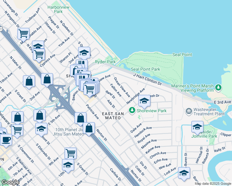 map of restaurants, bars, coffee shops, grocery stores, and more near 732 Fallon Avenue in San Mateo