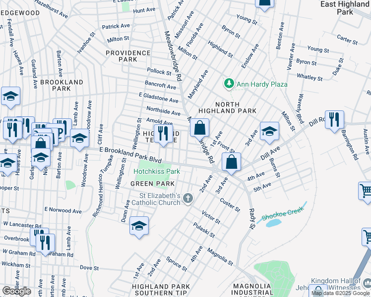 map of restaurants, bars, coffee shops, grocery stores, and more near 1108 Highland View Avenue in Richmond
