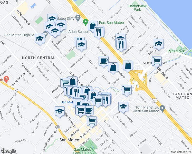 map of restaurants, bars, coffee shops, grocery stores, and more near 8 North Fremont Street in San Mateo