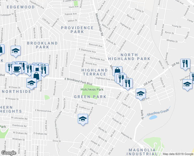 map of restaurants, bars, coffee shops, grocery stores, and more near 901 Highland View Avenue in Richmond
