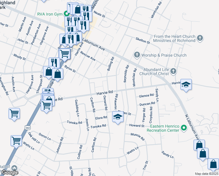 map of restaurants, bars, coffee shops, grocery stores, and more near 3531 Bolling Road in Richmond