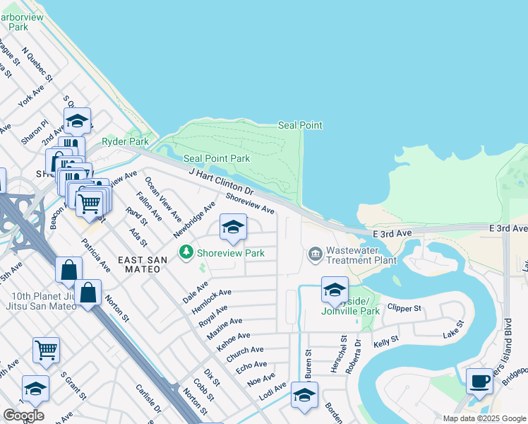 map of restaurants, bars, coffee shops, grocery stores, and more near 1976 Shoreview Avenue in San Mateo