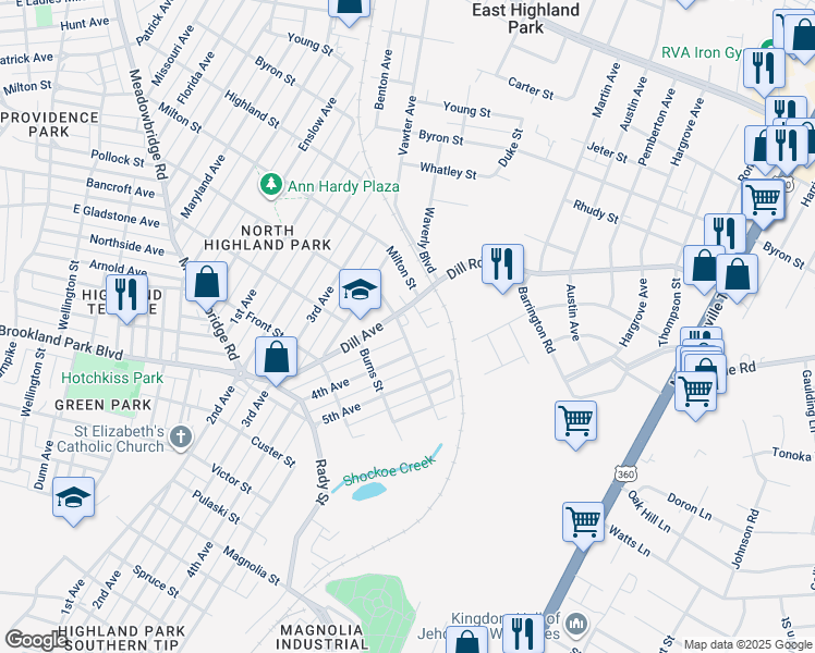 map of restaurants, bars, coffee shops, grocery stores, and more near 1612 Pollock Street in Richmond