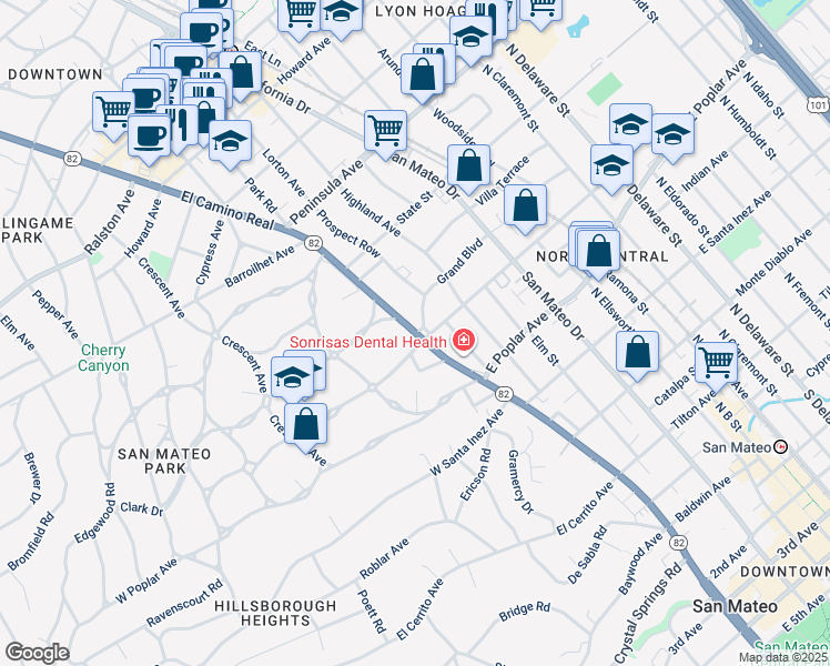 map of restaurants, bars, coffee shops, grocery stores, and more near 2 Grand Boulevard in San Mateo